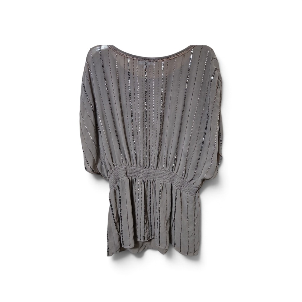 Jennifer Lopez Sequin Stripe Smocked Waist Dolman Sleeve Blouse Taupe XL 0581